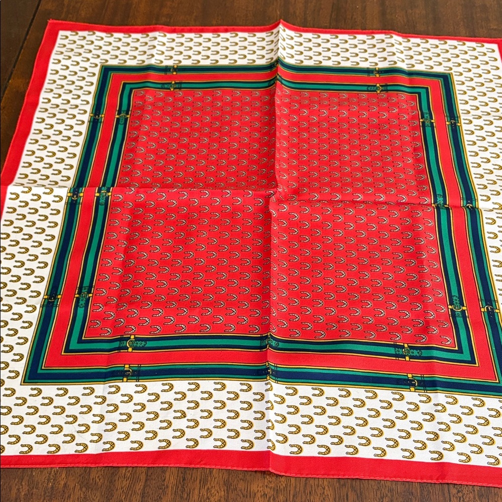 Chic Red and White Horseshoe Scarf . 20” x 20” square.